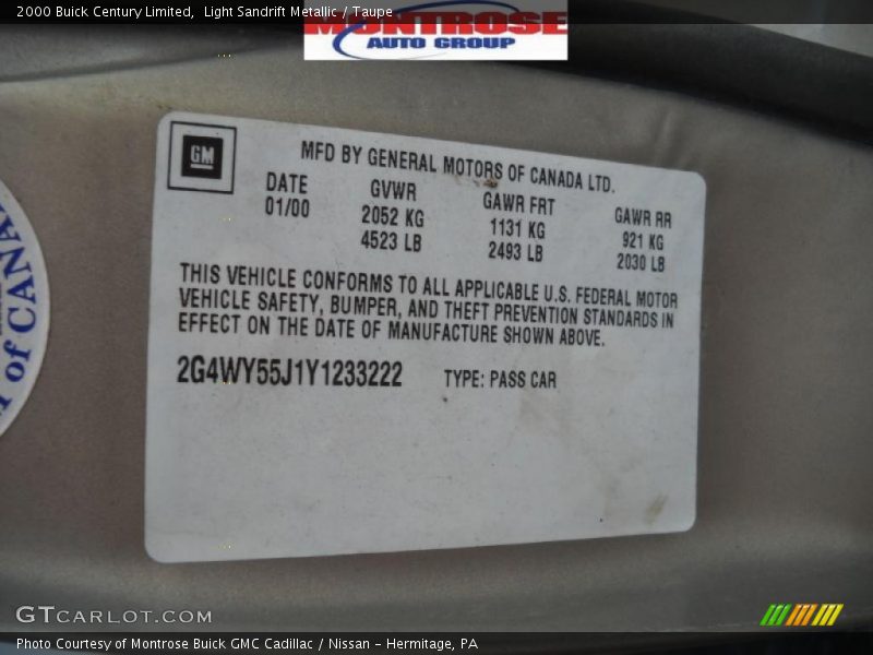 Light Sandrift Metallic / Taupe 2000 Buick Century Limited
