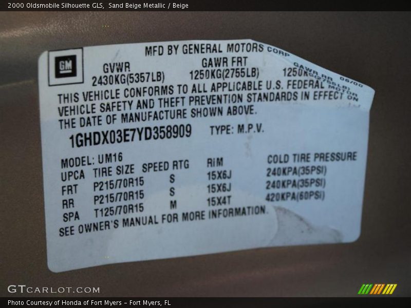 Sand Beige Metallic / Beige 2000 Oldsmobile Silhouette GLS