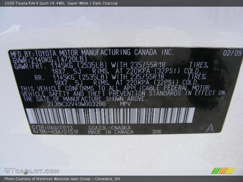 Super White / Dark Charcoal 2009 Toyota RAV4 Sport V6 4WD