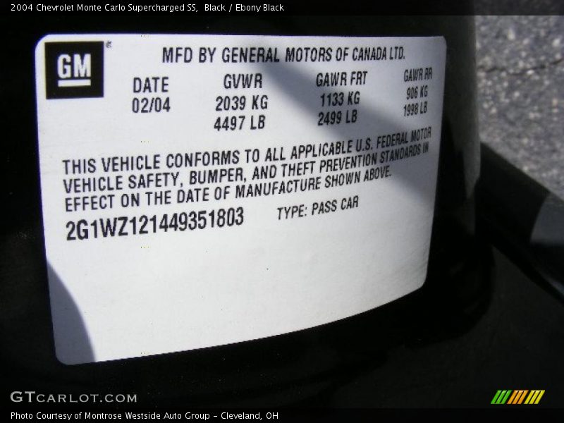 Black / Ebony Black 2004 Chevrolet Monte Carlo Supercharged SS