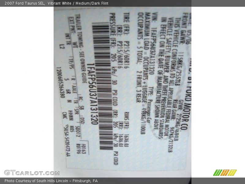 Vibrant White / Medium/Dark Flint 2007 Ford Taurus SEL