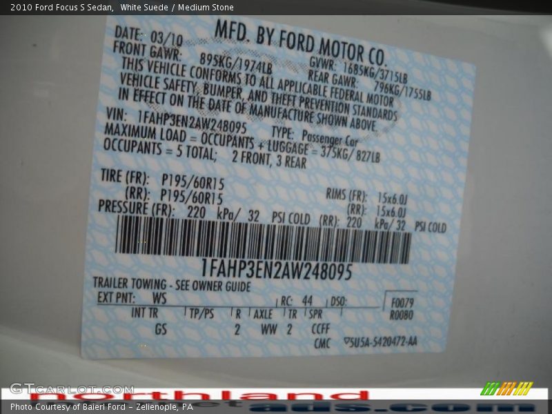 White Suede / Medium Stone 2010 Ford Focus S Sedan