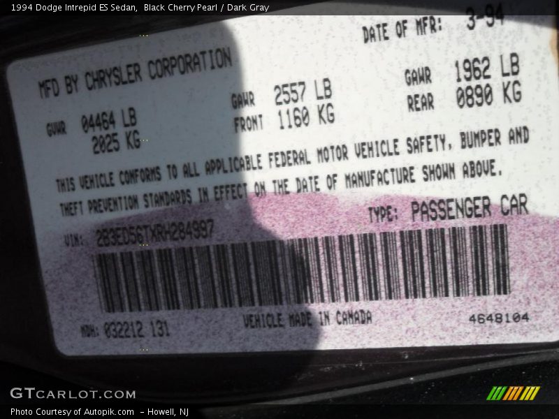Black Cherry Pearl / Dark Gray 1994 Dodge Intrepid ES Sedan