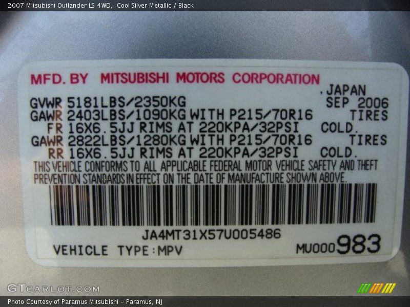 Cool Silver Metallic / Black 2007 Mitsubishi Outlander LS 4WD