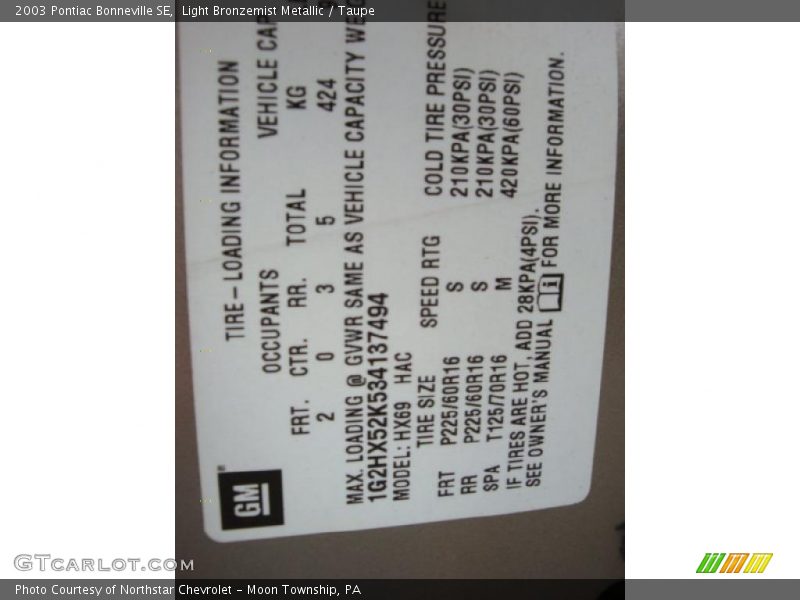 Light Bronzemist Metallic / Taupe 2003 Pontiac Bonneville SE