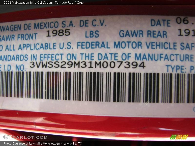 Tornado Red / Grey 2001 Volkswagen Jetta GLS Sedan