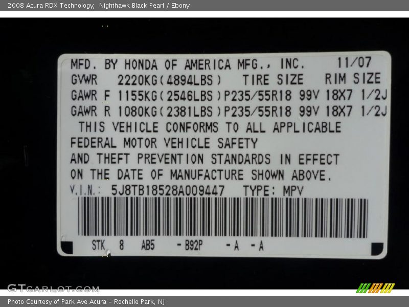 Nighthawk Black Pearl / Ebony 2008 Acura RDX Technology