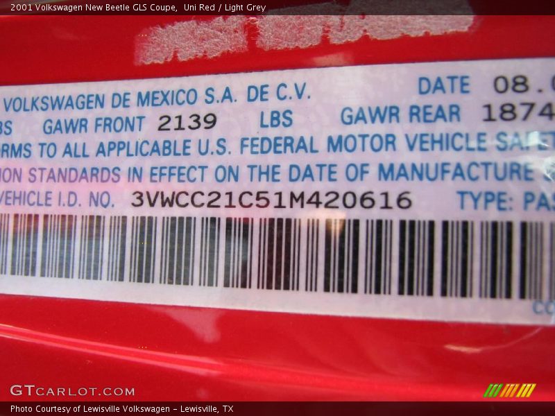 Uni Red / Light Grey 2001 Volkswagen New Beetle GLS Coupe
