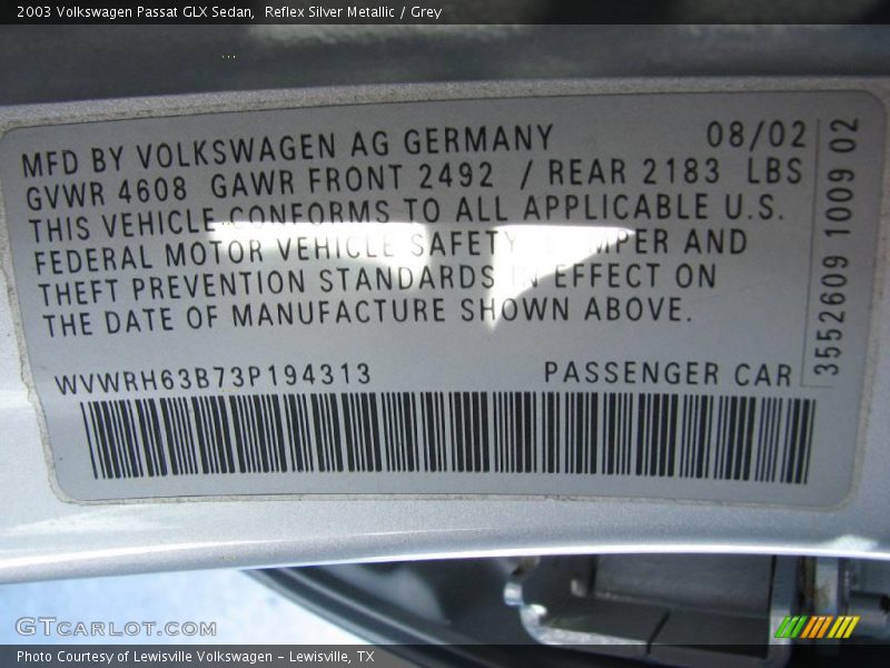 Reflex Silver Metallic / Grey 2003 Volkswagen Passat GLX Sedan