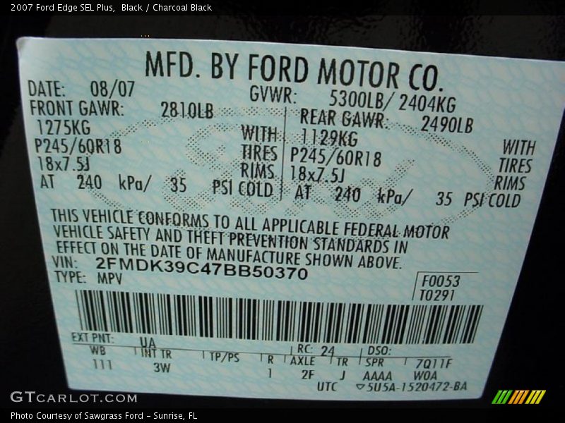 Black / Charcoal Black 2007 Ford Edge SEL Plus