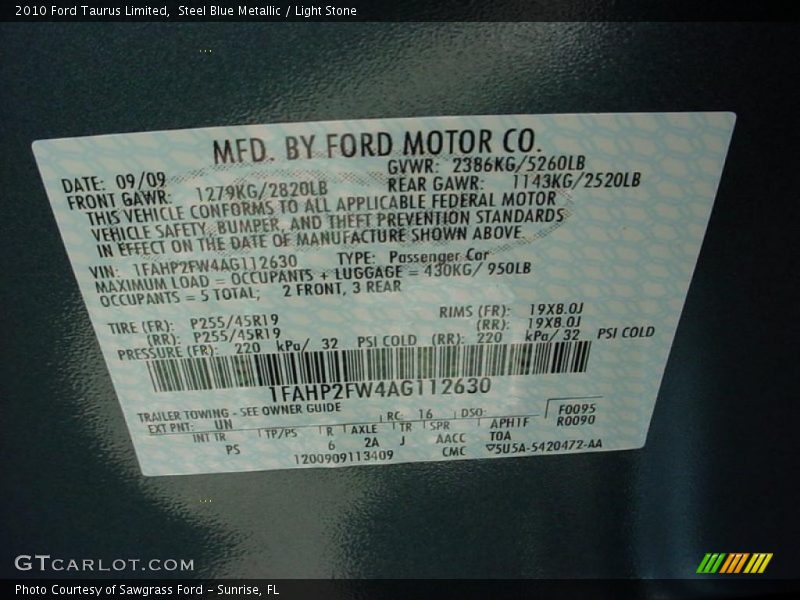 Steel Blue Metallic / Light Stone 2010 Ford Taurus Limited