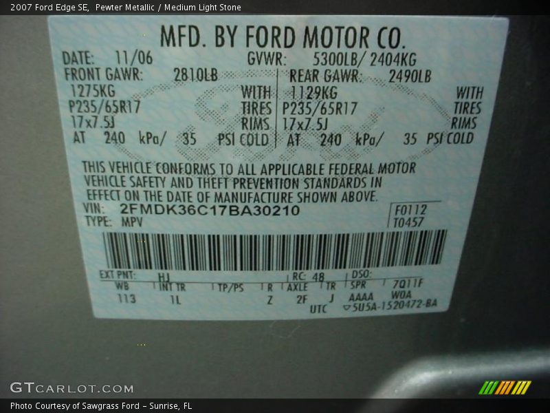 Pewter Metallic / Medium Light Stone 2007 Ford Edge SE