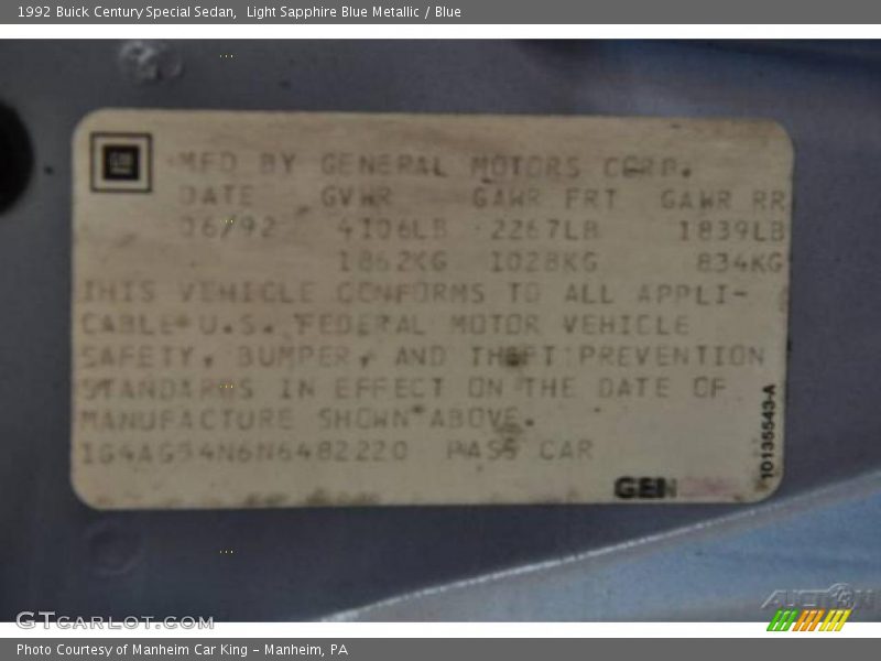 Light Sapphire Blue Metallic / Blue 1992 Buick Century Special Sedan