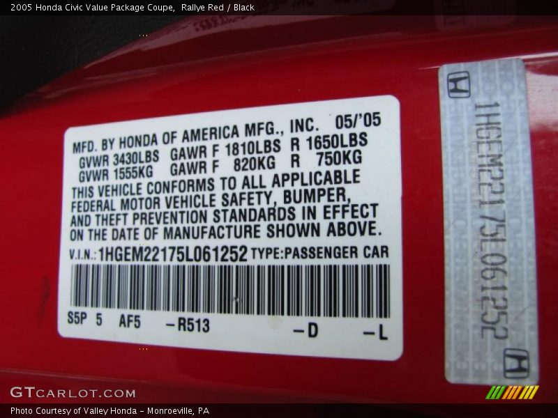 Rallye Red / Black 2005 Honda Civic Value Package Coupe