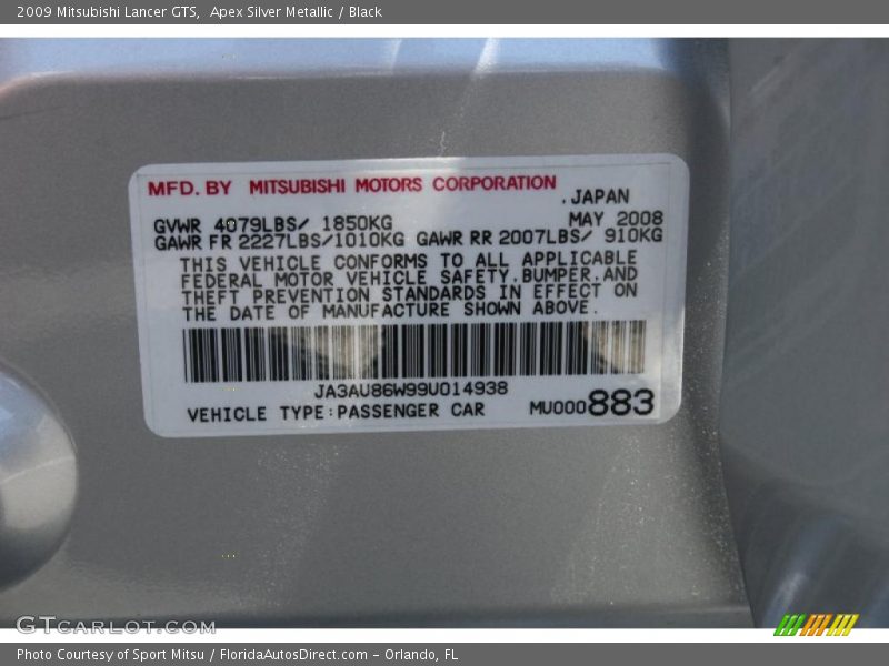 Apex Silver Metallic / Black 2009 Mitsubishi Lancer GTS