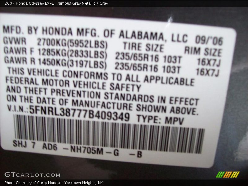Nimbus Gray Metallic / Gray 2007 Honda Odyssey EX-L