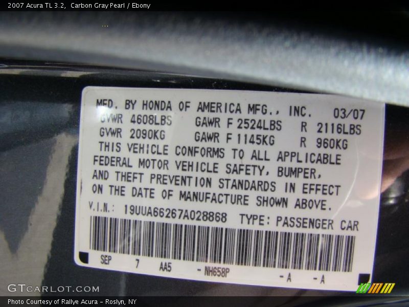 Carbon Gray Pearl / Ebony 2007 Acura TL 3.2