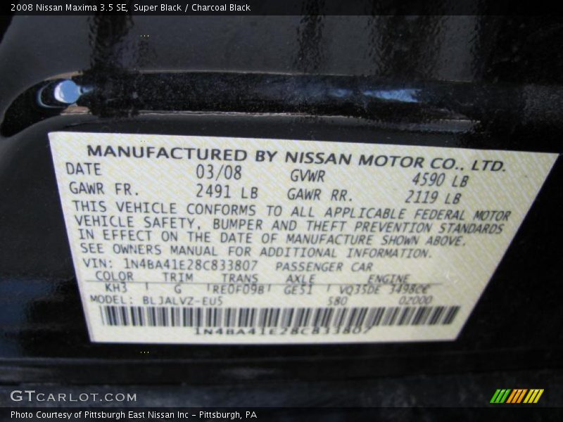 Super Black / Charcoal Black 2008 Nissan Maxima 3.5 SE