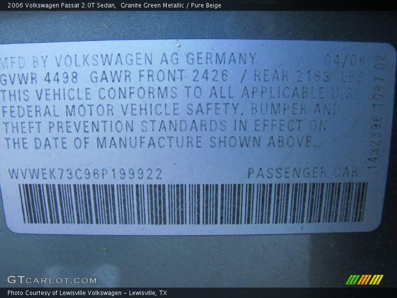 Granite Green Metallic / Pure Beige 2006 Volkswagen Passat 2.0T Sedan
