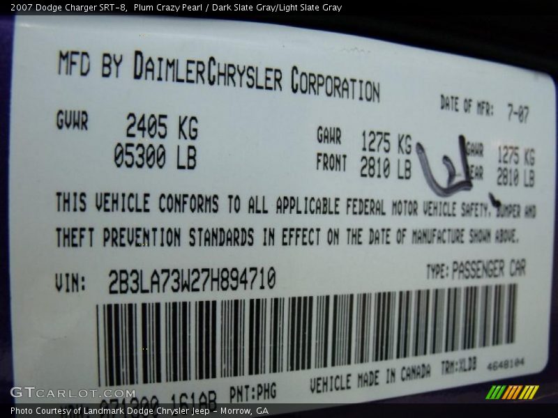 2007 Charger SRT-8 Plum Crazy Pearl Color Code PHG