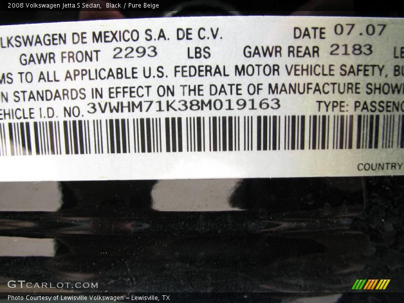 Black / Pure Beige 2008 Volkswagen Jetta S Sedan
