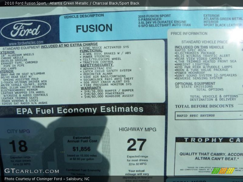 Atlantis Green Metallic / Charcoal Black/Sport Black 2010 Ford Fusion Sport