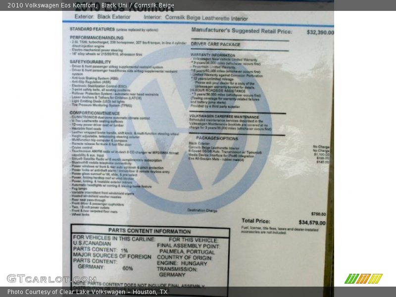 Black Uni / Cornsilk Beige 2010 Volkswagen Eos Komfort
