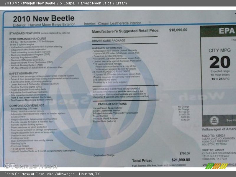 Harvest Moon Beige / Cream 2010 Volkswagen New Beetle 2.5 Coupe