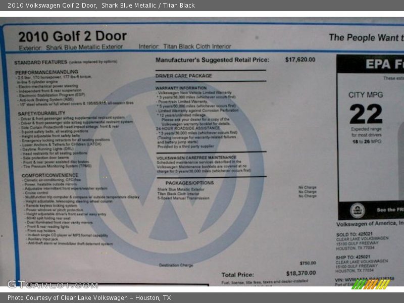 Shark Blue Metallic / Titan Black 2010 Volkswagen Golf 2 Door