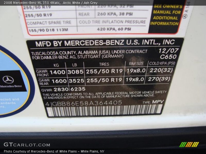 Arctic White / Ash Grey 2008 Mercedes-Benz ML 350 4Matic