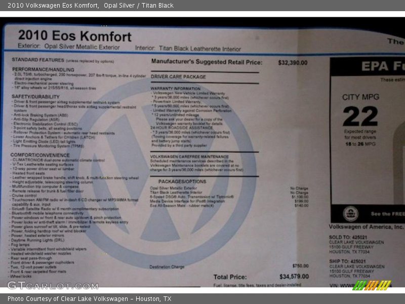 Opal Silver / Titan Black 2010 Volkswagen Eos Komfort