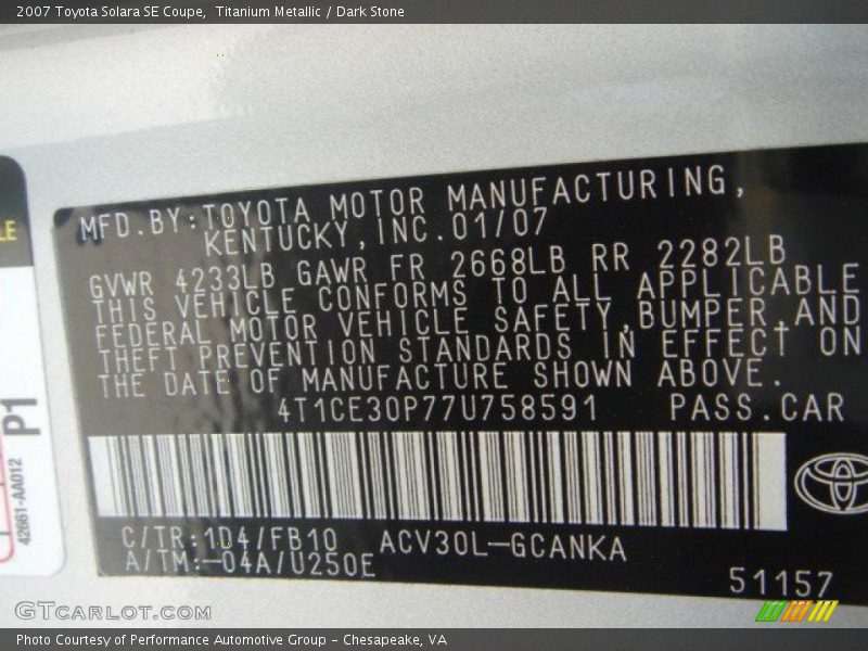 Titanium Metallic / Dark Stone 2007 Toyota Solara SE Coupe