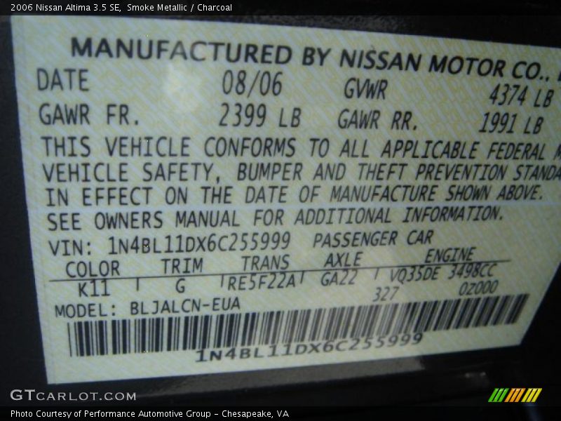 Smoke Metallic / Charcoal 2006 Nissan Altima 3.5 SE