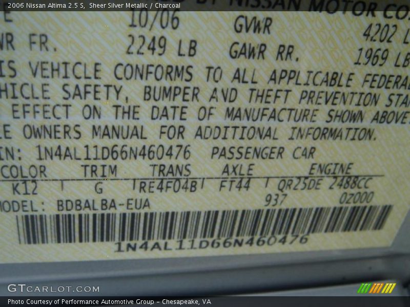Sheer Silver Metallic / Charcoal 2006 Nissan Altima 2.5 S