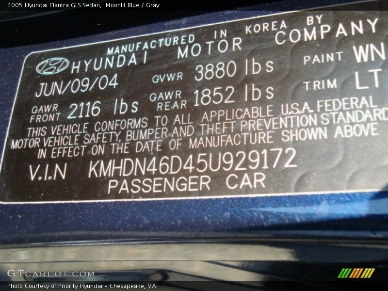 Moonlit Blue / Gray 2005 Hyundai Elantra GLS Sedan