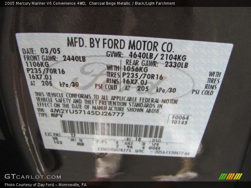 Charcoal Beige Metallic / Black/Light Parchment 2005 Mercury Mariner V6 Convenience 4WD