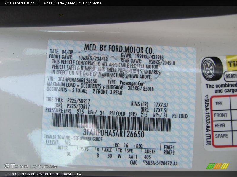 White Suede / Medium Light Stone 2010 Ford Fusion SE