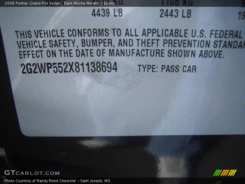 Dark Mocha Metallic / Ebony 2008 Pontiac Grand Prix Sedan