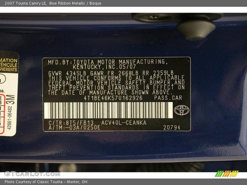 Blue Ribbon Metallic / Bisque 2007 Toyota Camry LE