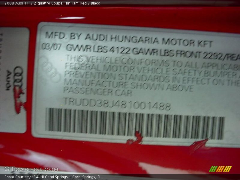 Brilliant Red / Black 2008 Audi TT 3.2 quattro Coupe