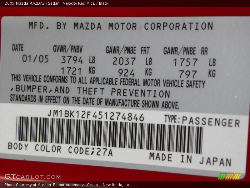 Velocity Red Mica / Black 2005 Mazda MAZDA3 i Sedan
