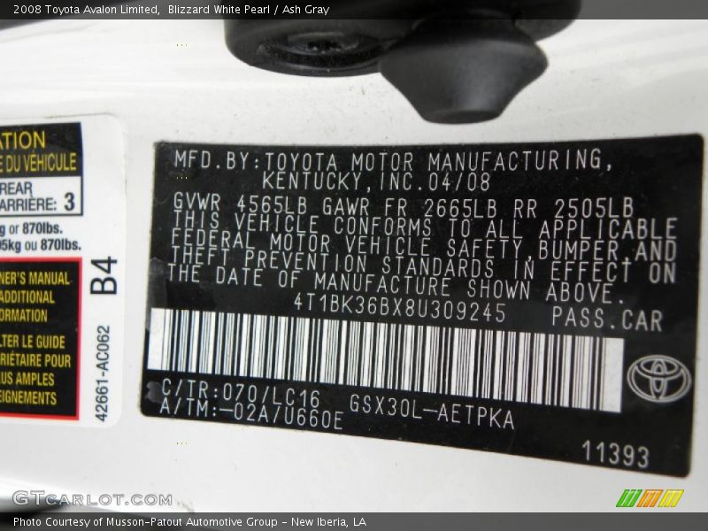 Blizzard White Pearl / Ash Gray 2008 Toyota Avalon Limited