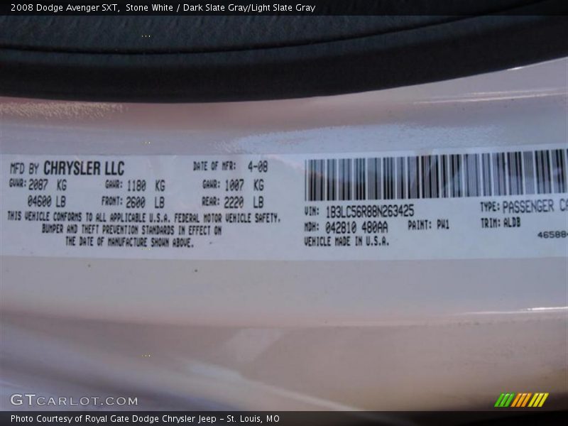 Stone White / Dark Slate Gray/Light Slate Gray 2008 Dodge Avenger SXT
