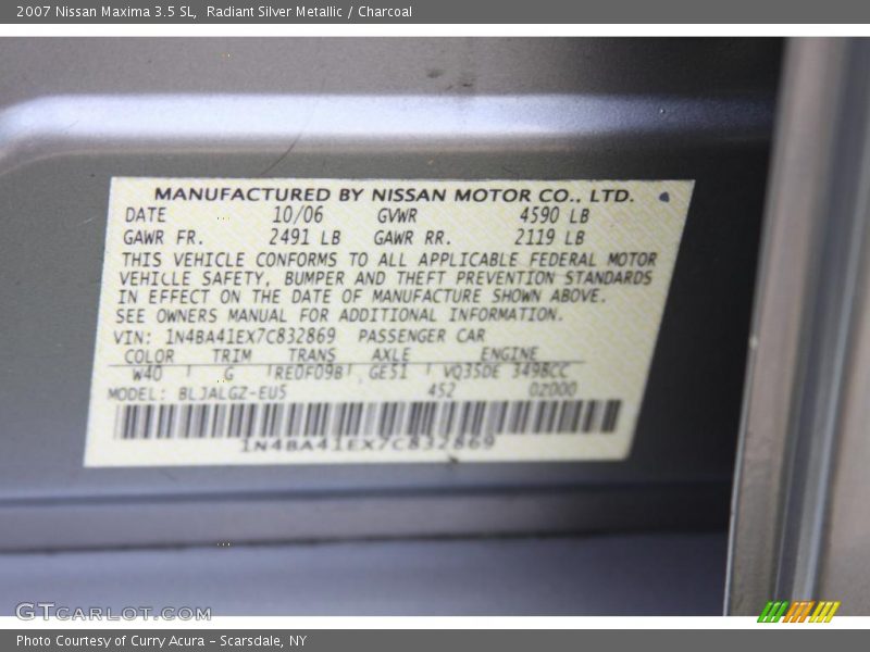 Radiant Silver Metallic / Charcoal 2007 Nissan Maxima 3.5 SL