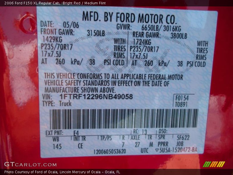 Bright Red / Medium Flint 2006 Ford F150 XL Regular Cab