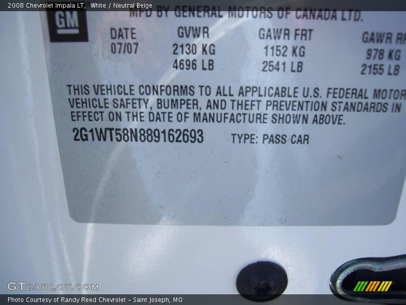 White / Neutral Beige 2008 Chevrolet Impala LT