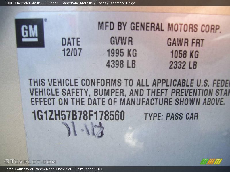 Sandstone Metallic / Cocoa/Cashmere Beige 2008 Chevrolet Malibu LT Sedan
