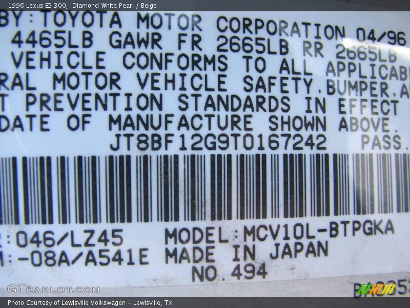 Diamond White Pearl / Beige 1996 Lexus ES 300