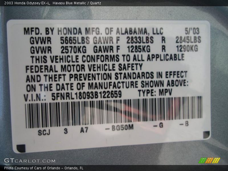 Havasu Blue Metallic / Quartz 2003 Honda Odyssey EX-L