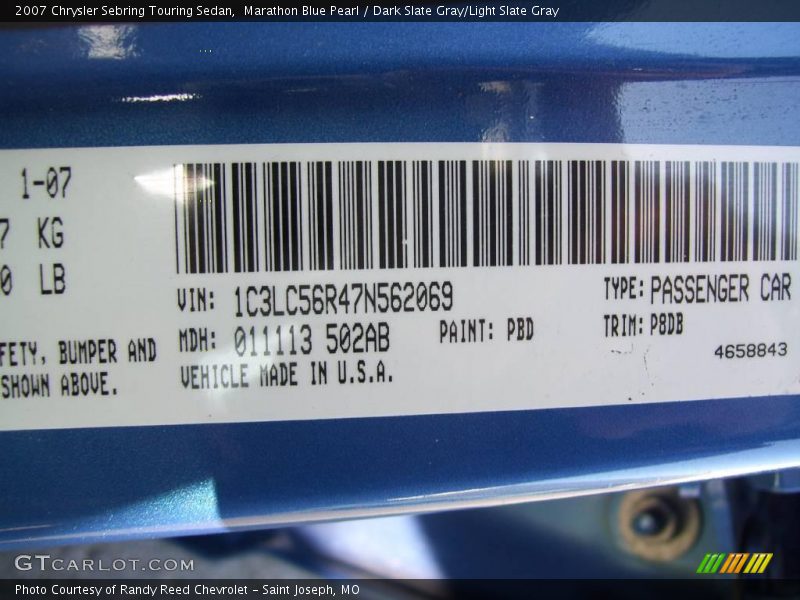Marathon Blue Pearl / Dark Slate Gray/Light Slate Gray 2007 Chrysler Sebring Touring Sedan